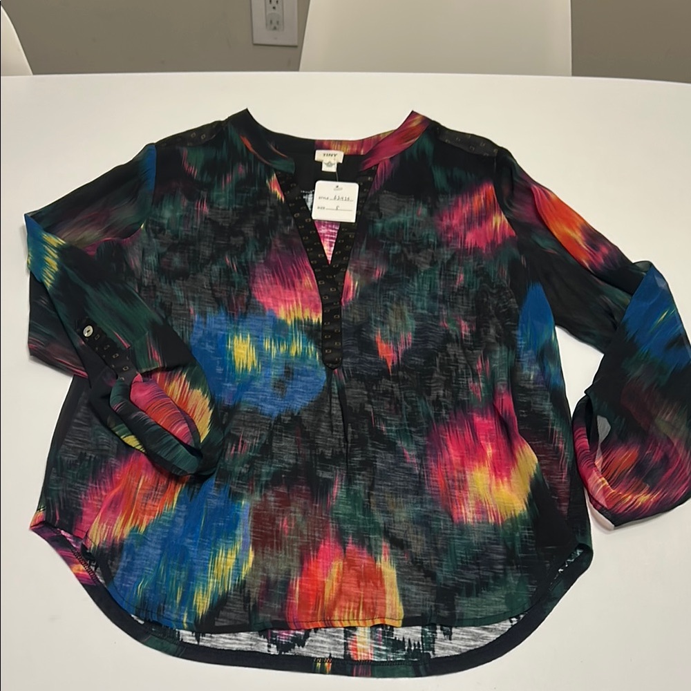 Colorful Women's TINY brand long sleeve sheer front v-neck blouse sz Small NWT